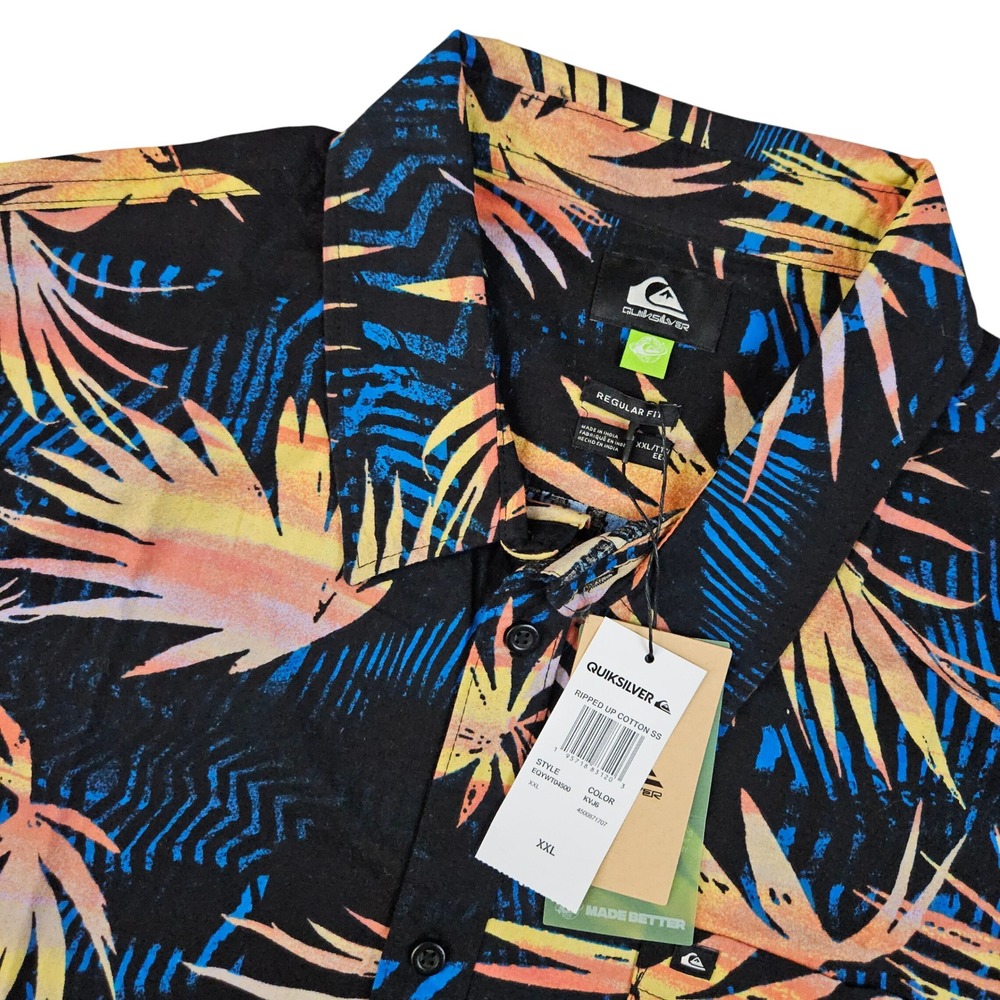 Quiksilver (Mens XXL) Black Short Sleeve Button Floral Tropical Hawaiian Shirt